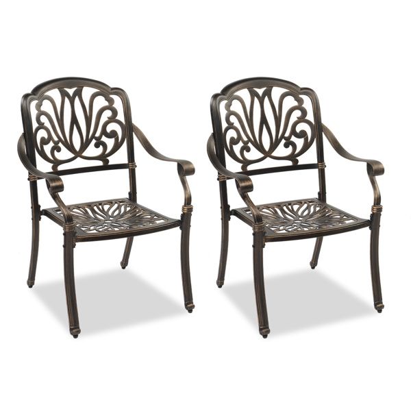 Set of 2 Cast Aluminum Patio Dining Chairs, Stackable Outdoor Bistro Chairs with Armrests for Balcony Backyard Garden Deck, Antique Bronze (Without Cushions)
