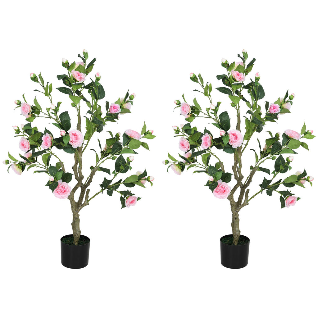 Set of 2 Decorative Artificial Plants, Camellia Flowers in Pots, Fakes Plant for Home Indoor Decor, 39 inch, Pink