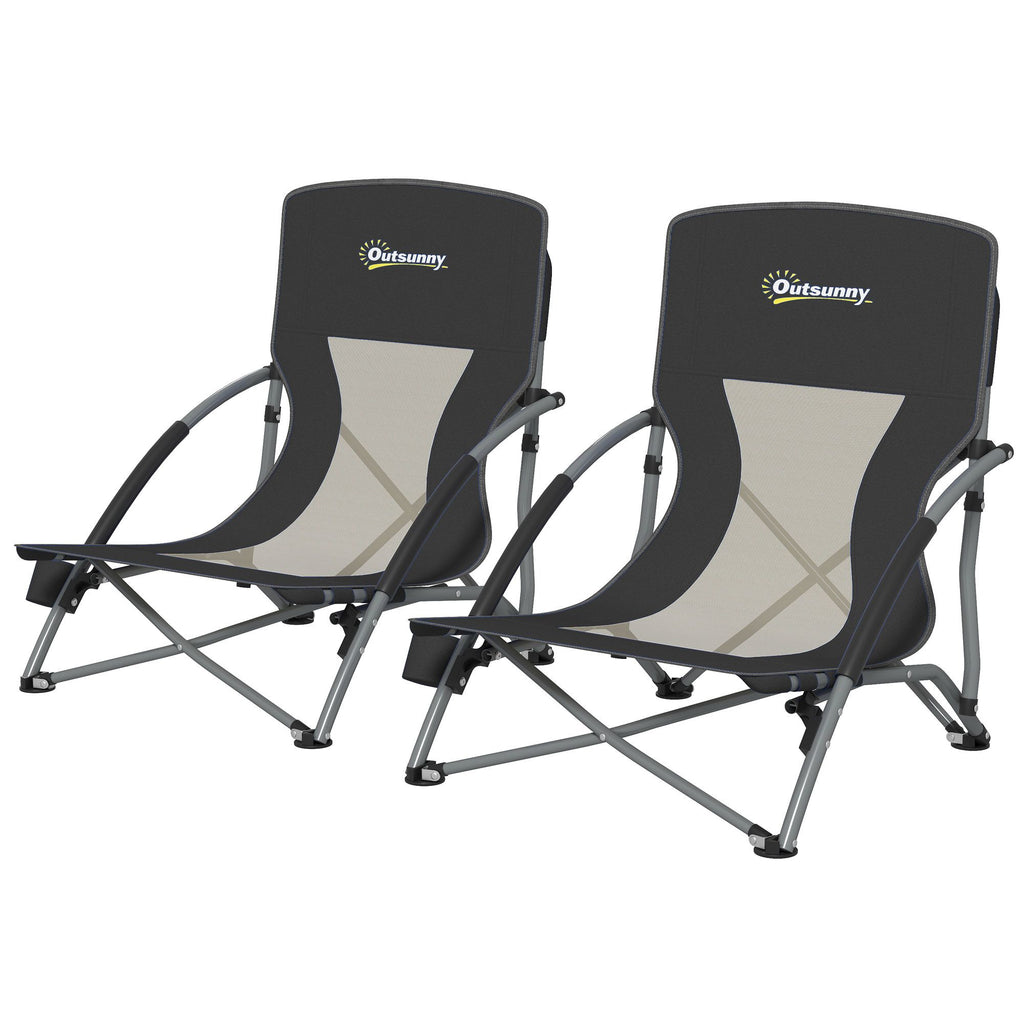 Set of 2 Folding Beach Chairs with Mesh Back, Carry Bag and Cup Holder for Outdoor Camping Lawn Sports Picnic, Black