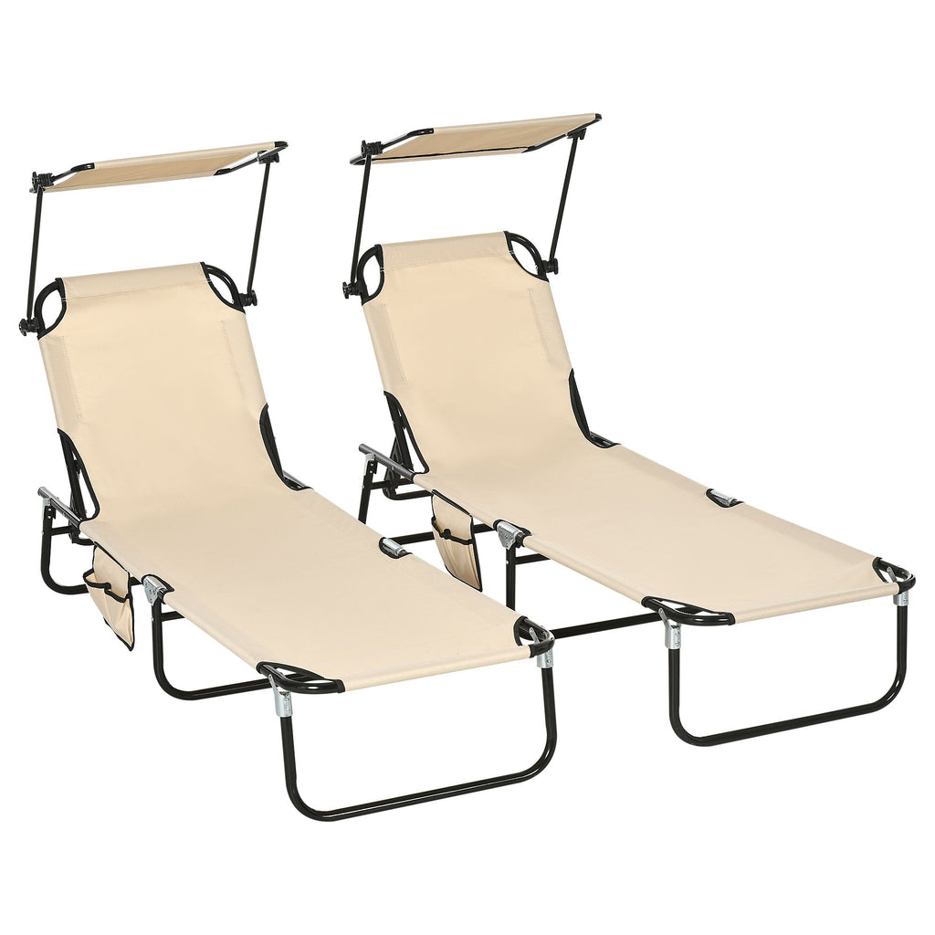 Set of 2 Folding Chaise Lounge Chairs Tan with Sunshade Reclining Back for Beach Yard Patio