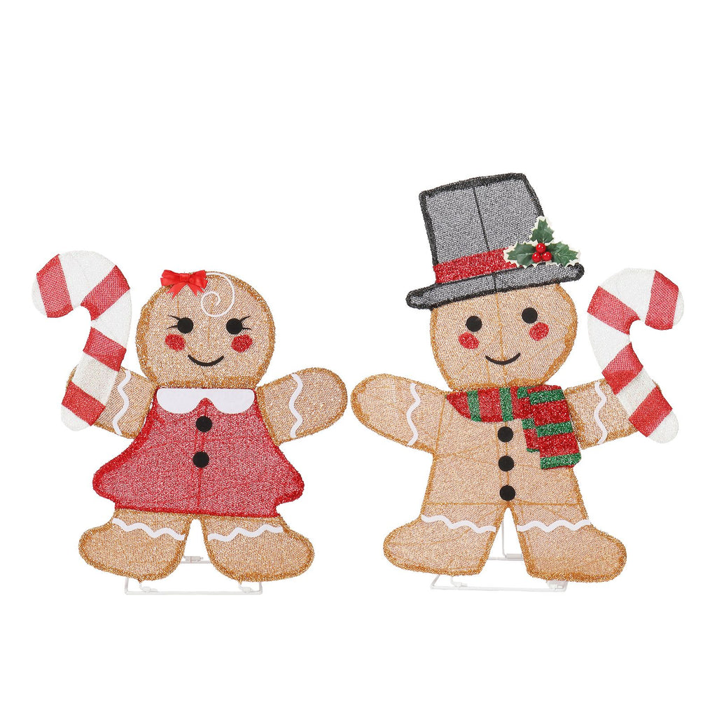 Set of 2 Lighted Gingerbread Man and Candy Cane Christmas Decorations, Pre-lit 2D Holiday Decor with 80 Warm White LED Lights for Xmas Outdoor Indoor Decor Lighted Holiday Displays