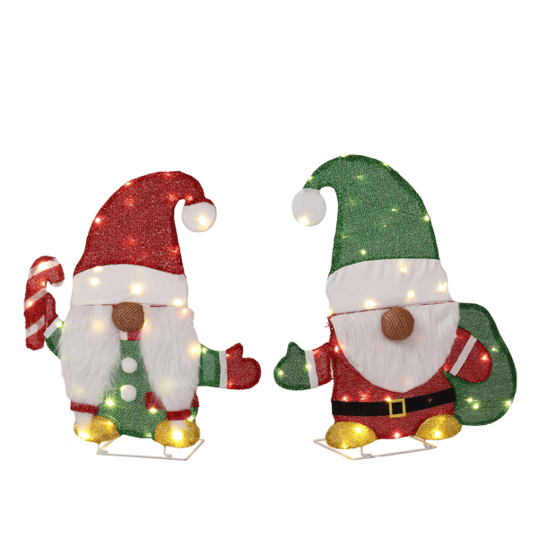 Set of 2 Lighted Gnome and Candy Cane Christmas Decorations, Pre-lit 2D Holiday Decor with 80 Warm White LED Lights for Xmas Outdoor Indoor Decor Lighted Holiday Displays