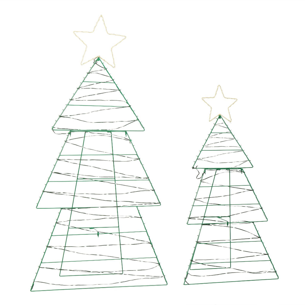 Set of 2 Lighted Metal Christmas Tree Yard Decorations, Pre-lit Holiday Decor with 150 Green and Warm White LED Lights for Xmas Outdoor Indoor Decor Lighted Holiday Displays