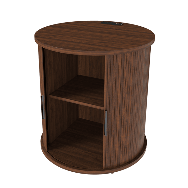 Set of 2 Mid Century Modern Cylinder End Tables with Built-in Charging Station & Sliding Door, 2-Tier Storage Round Nightstands with USB Ports, Walnut Bedside Tables for Living Room, Bedroom, Entryway
