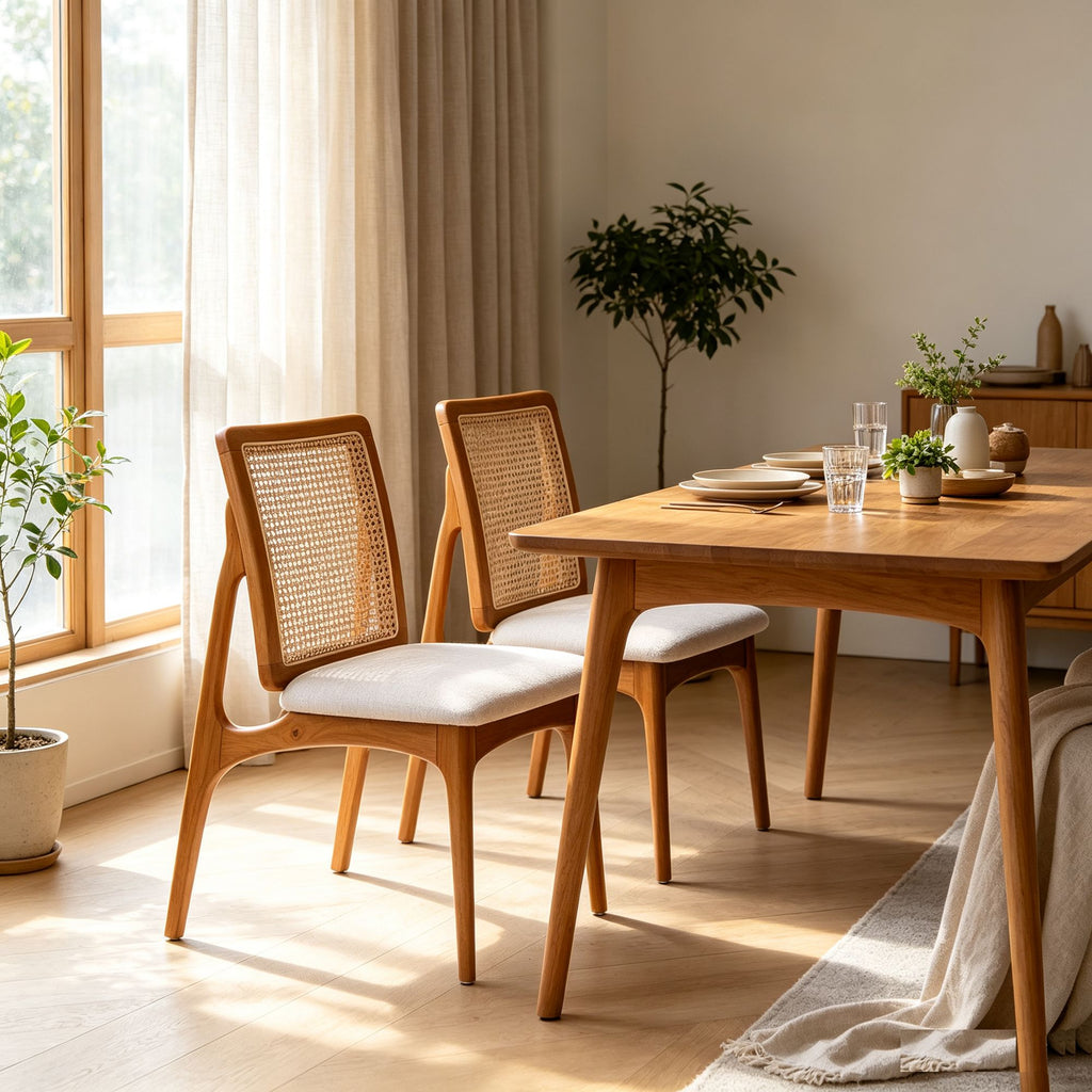 Set of 2 Mid Century Modern Rattan Dining Chairs, Solid Rubber Wood Frame Dining Side Chairs with Natural Cane Rattan Backrest