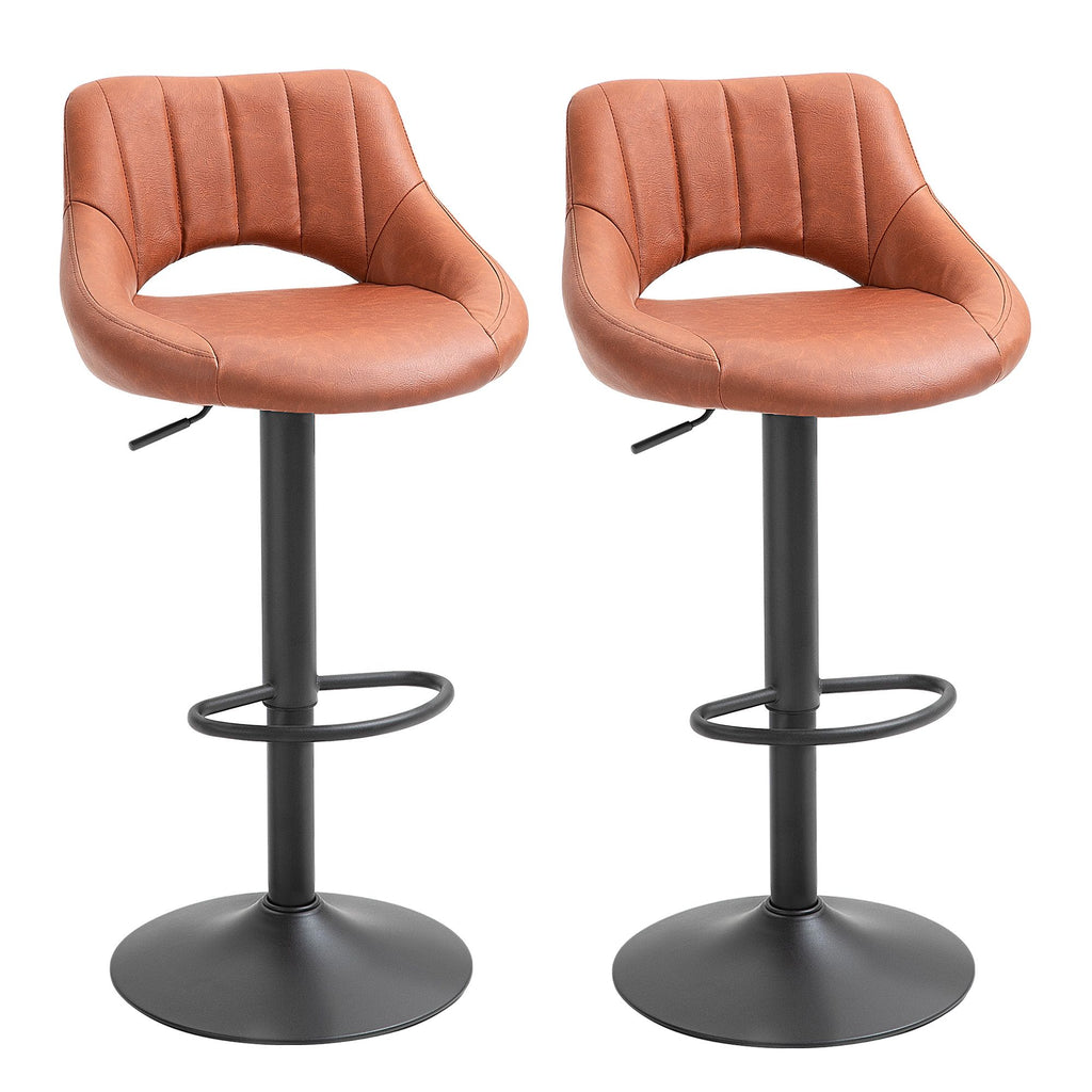 Set of 2 Modern Bar Stools, Swivel Bar Height Chairs with Adjustable Height, Round Metal Base & Footrest, Brown