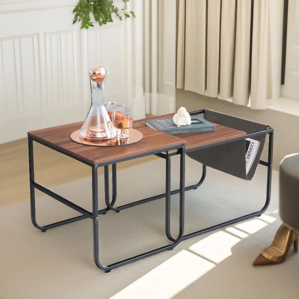 Set of 2 Nesting Coffee Tables with Side Pocket for Living Room Bedroom