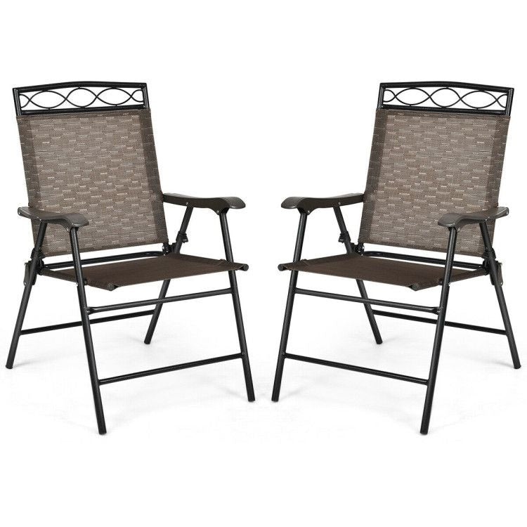 Set of 2 Patio Folding Chairs Sling Portable Dining Chair Set with Armrest