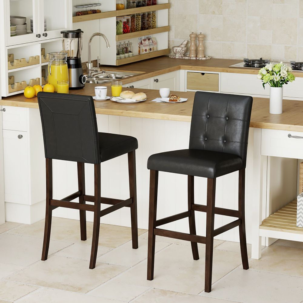 Set of 2 PVC Dining Leather Bar Stools with Solid Wood Legs