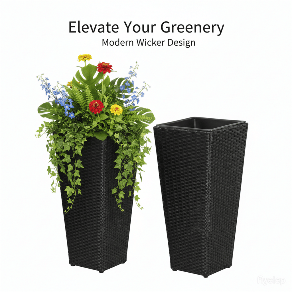 Set of 2 Rattan Planters with Removable Inner Pots, Metal Frame Adjustable Foot Pads for Garde