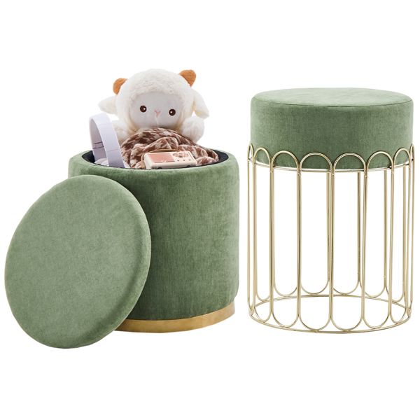 Set of 2 Round Velvet Storage Ottomans – Upholstered Vanity Stool, Footrest, Side Table with Removable Lid for Living Room & Bedroom (Green)