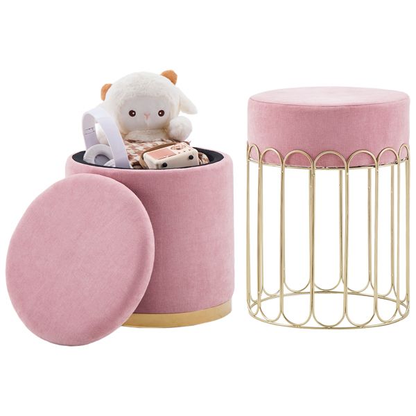 Set of 2 Round Velvet Storage Ottomans – Upholstered Vanity Stool, Footrest, Side Table with Removable Lid for Living Room & Bedroom (Pink)