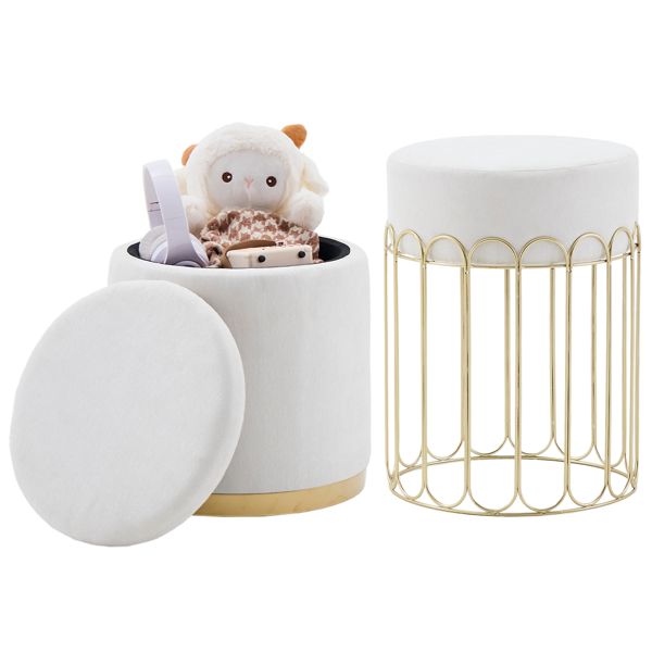 Set of 2 Round Velvet Storage Ottomans – Upholstered Vanity Stool, Footrest, Side Table with Removable Lid for Living Room & Bedroom (White)