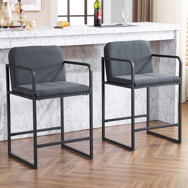 Set of 2,Modern Upholstered Counter Height Bar Stool with Armrests, Metal Frame and Padded Seat, Comfortable Dining Chair for Kitchen Island, Home Bar or Restaurant - Dark gray