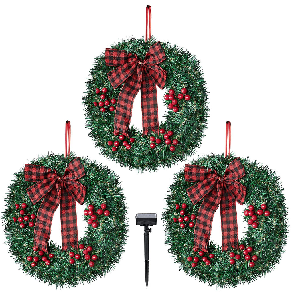 Set of 3 14in Solar Christmas Wreath Lights with Red Berries & Bows, 210 PVC Tips, 60 Warm White LEDs (8 Modes), Ground Stake, Outdoor Holiday Garden Decor
