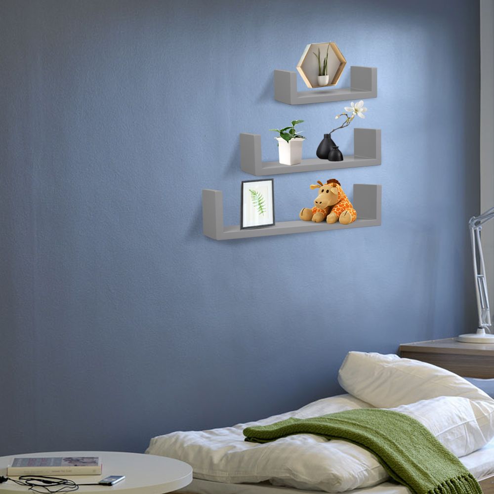 Set of 3, Floating Display Shelves Ledge Bookshelf Wall Mount Storage Gray Floating Shelves Wall Mounted - Decorative Storage Shelf, Multi-use Home Studio Furniture RT