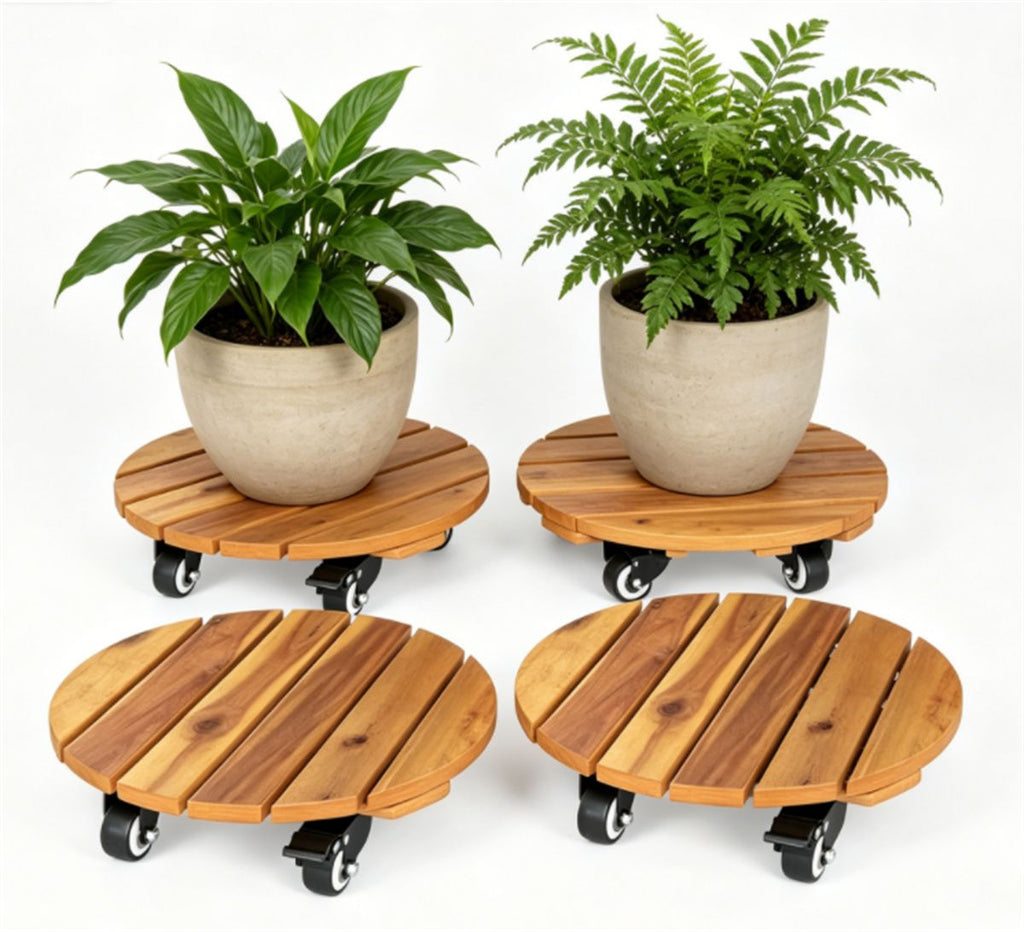 Set of 4 Natural Finish Wooden Plant Pot Mover, Portable Round Plant Stand with 4 Wheels, Sturdy Planter Caddy for Patio Garden Home Decor