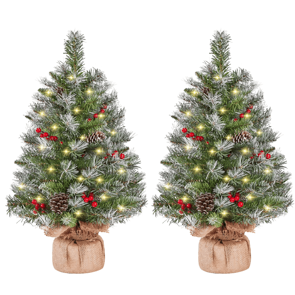 Setof2 2FT Frosted Tabletop Christmas Trees with Warm White LED Lights, Pinecones & Berries, Green