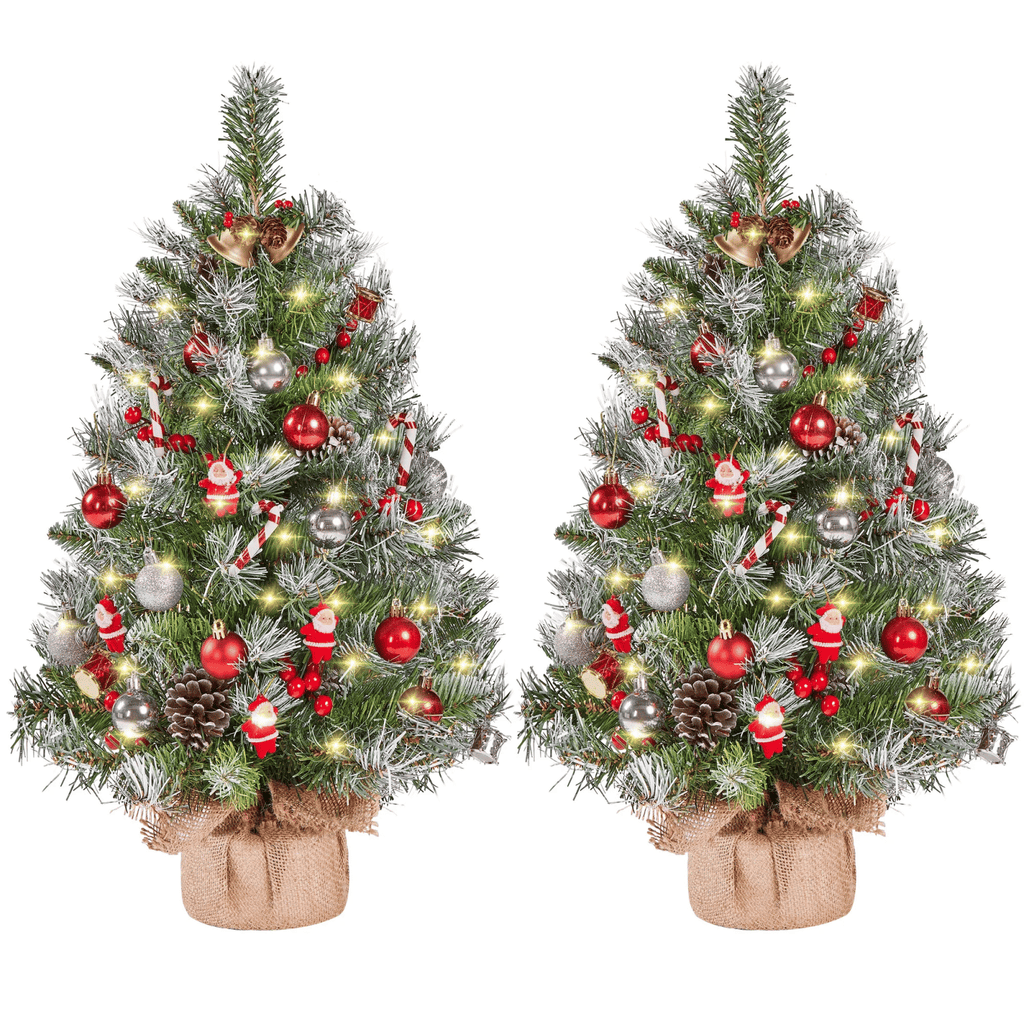 Setof2 3FT Frosted Tabletop Christmas Trees with Warm White LED Lights, Pinecones & Berries, Green