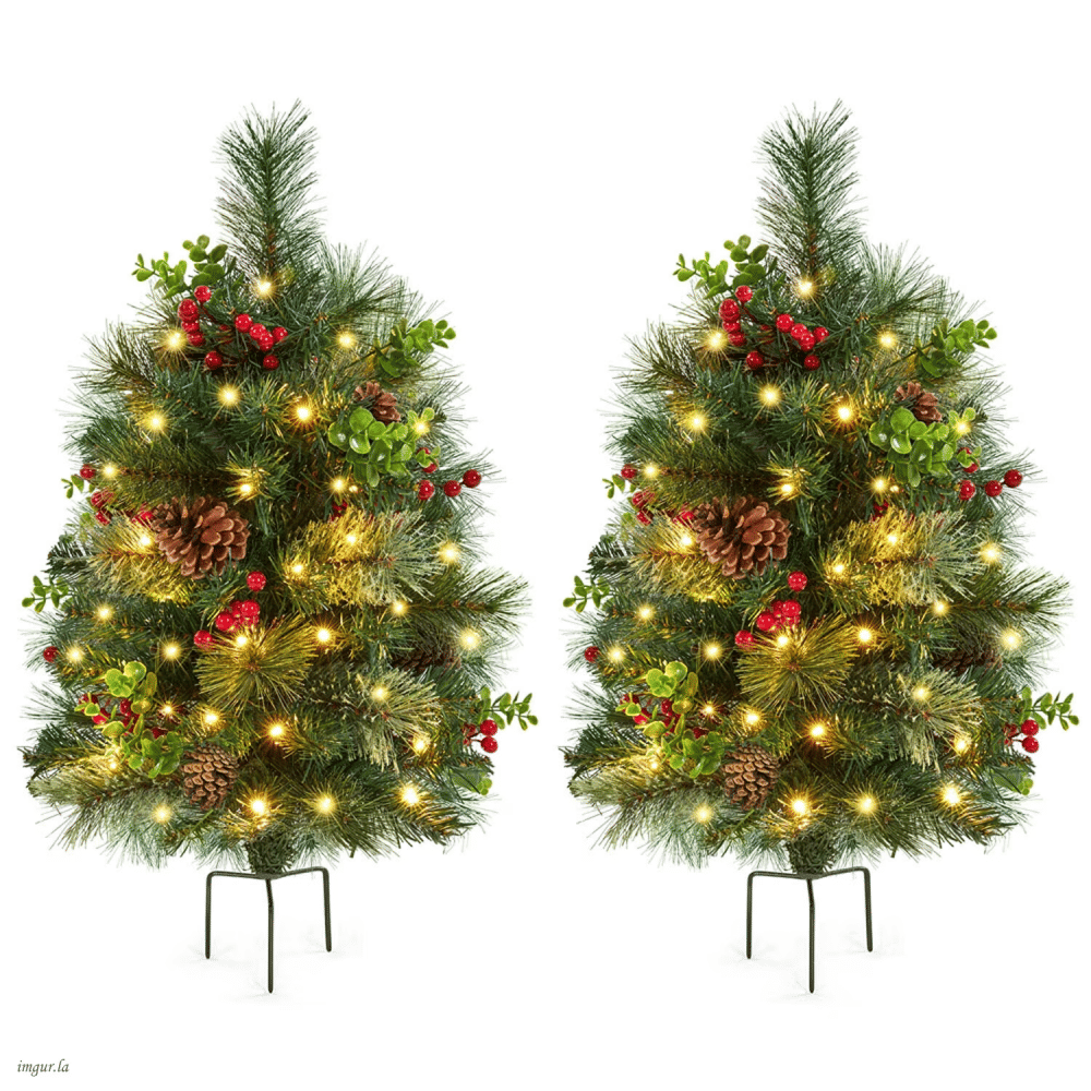 Setof2 3FT Pre-lit Outdoor Pathway Christmas Trees with Stakes,Red Berries and PineconesforDriveway, Yard,Garden, Green