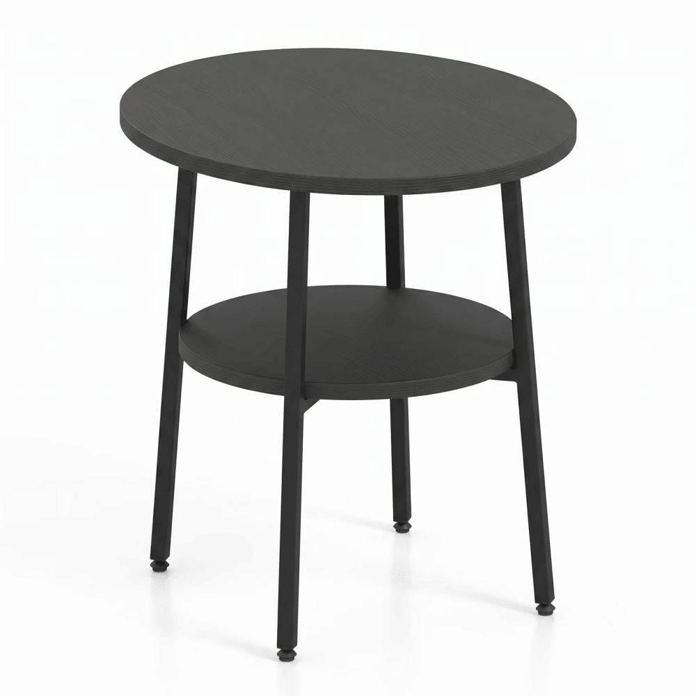 Setof2 Round SideTablewithStorageShelfandMetal Frame, 2-Tier EndTableNightstandforLiving Room Bedroom Small Spaces, Black
