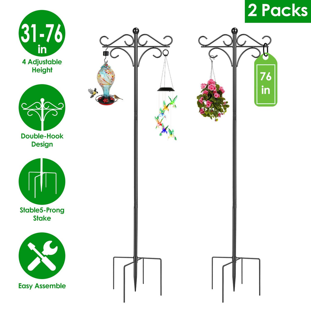Shepherds Hook for Outdoor, 5-Prong Base Adjustable Height Garden Hook with Dual Sided Hooks, Sturdy Iron Metal Hanger for Bird Feeders, Lanterns, Flower Baskets, Wind Chimes, Patio Yard Decor