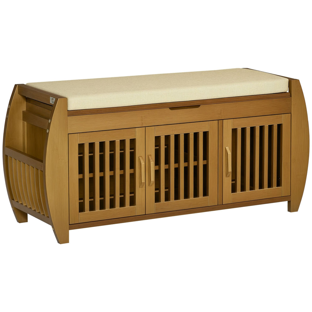 Shoe Bench with Storage Cabinets, Bamboo Entryway Bench with Seating Cushion, 3 Doors, Side Rack and Hidden Compartment for Hallway, Brown