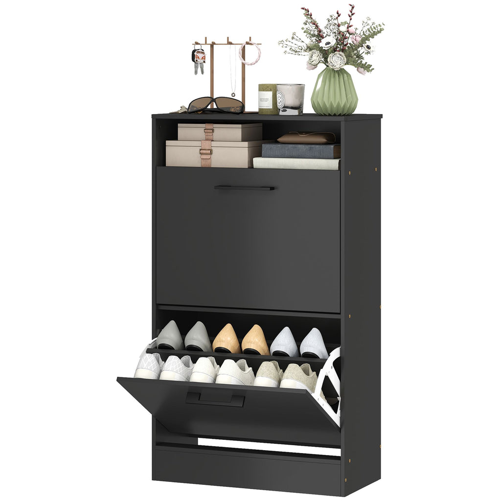 Shoe Cabinet 2 Flip Drawers Adjustable Dividers Shoe Storage Cabinet Top Shelf Entryway Black