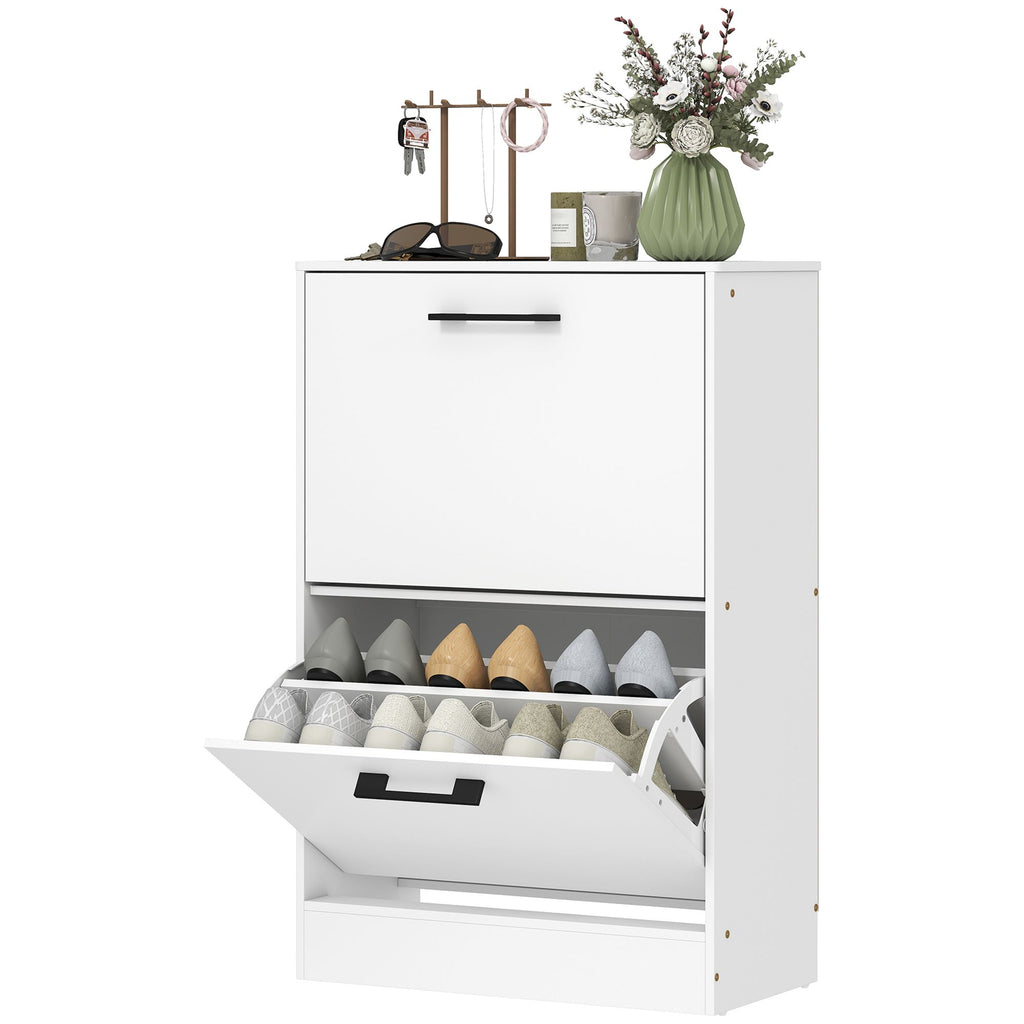 Shoe Cabinet 2 Flip Drawers Narrow Shoe Storage Unit Adjustable Dividers Entryway Hallway White