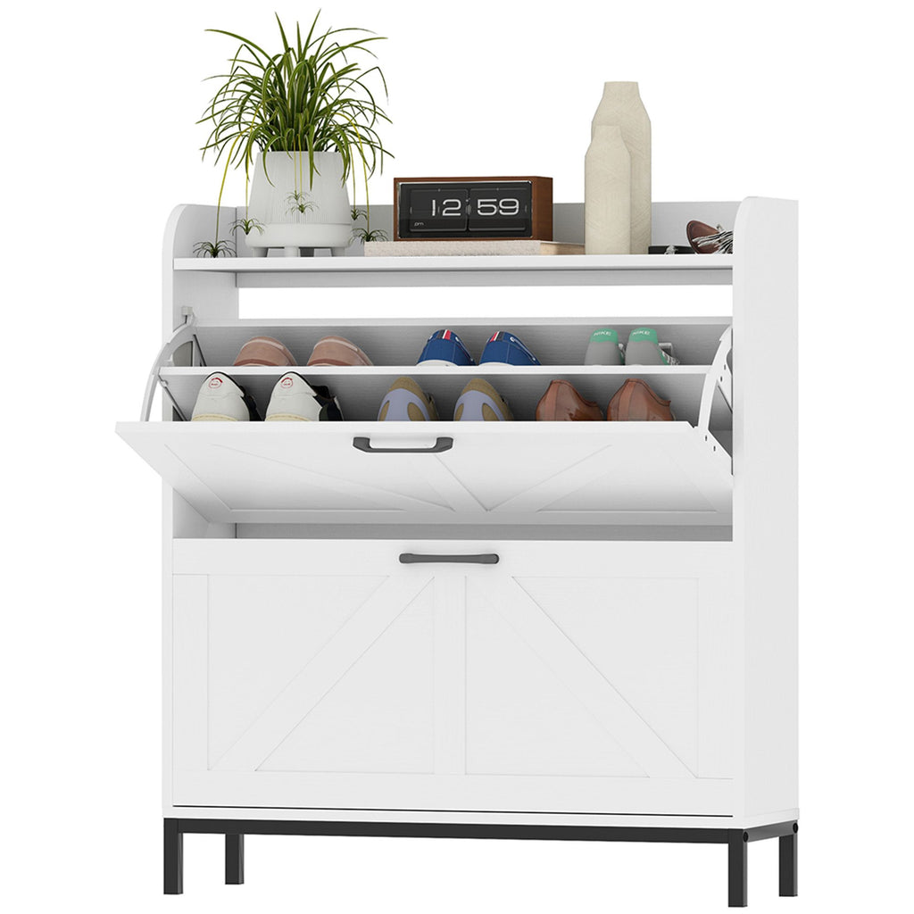Shoe Cabinet Organizer with 2 Flip Drawers, Legs, Narrow Shoe Storage Cabinet for Entryway, Hallway, White