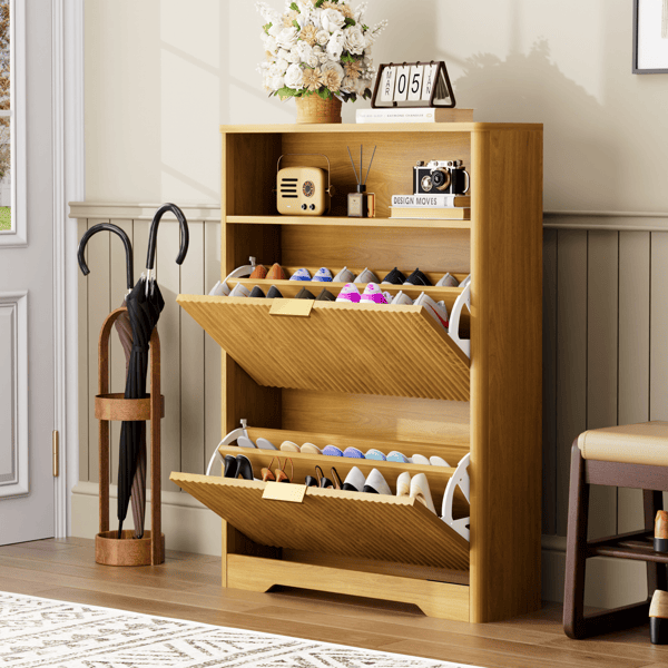 Shoe Cabinet Storage for Entryway Hidden Shoes Storage Cabinet with 2 Flip Drawers, Tall Free Standing Shoe Organizer Rack for Foyer, Hallway. Natural,31.6'' L x 9.6'' W x 40'' H.