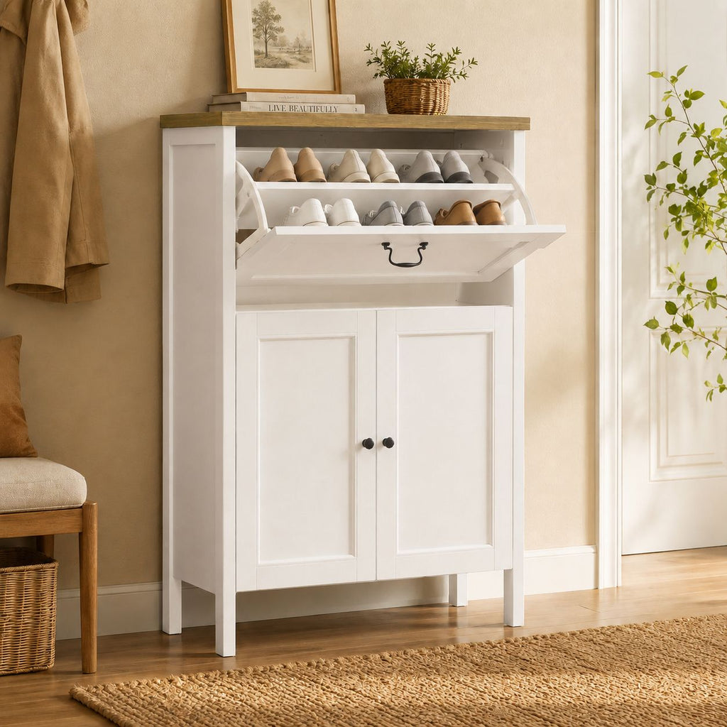 Shoe Cabinet with Flip Drawer, Boot Rack and 6 Boot Clips, Narrow Entryway Shoe Cabinet with Adjustable Shelf, Freestanding Shoe Organizer Cabinet for Entryway, Foyer, 31.5"W x 15.7"D x 45.3"H-White
