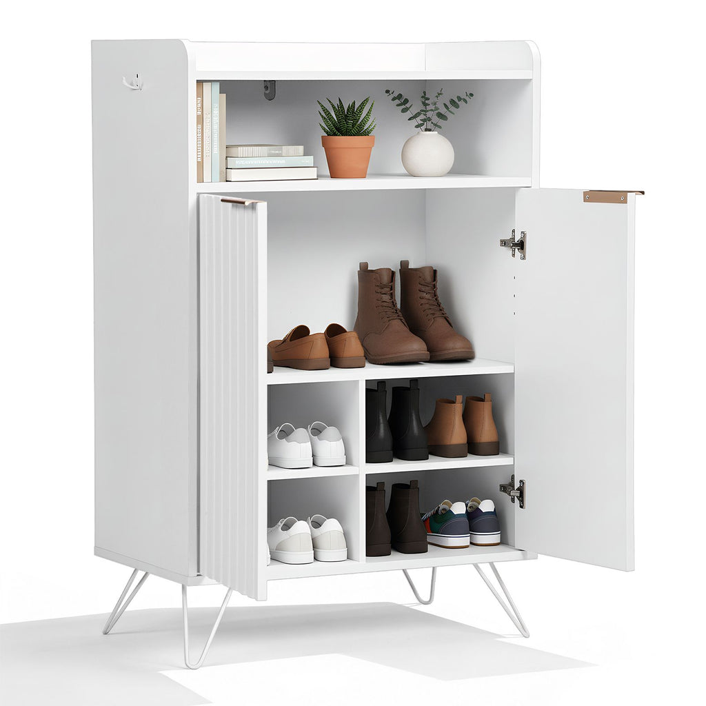 Shoe cabinet with grille panel, two doors, open top, and two hooks on the legs; particleboard cabinet body, MDF vacuum-formed doors; 68*40*106mm; white