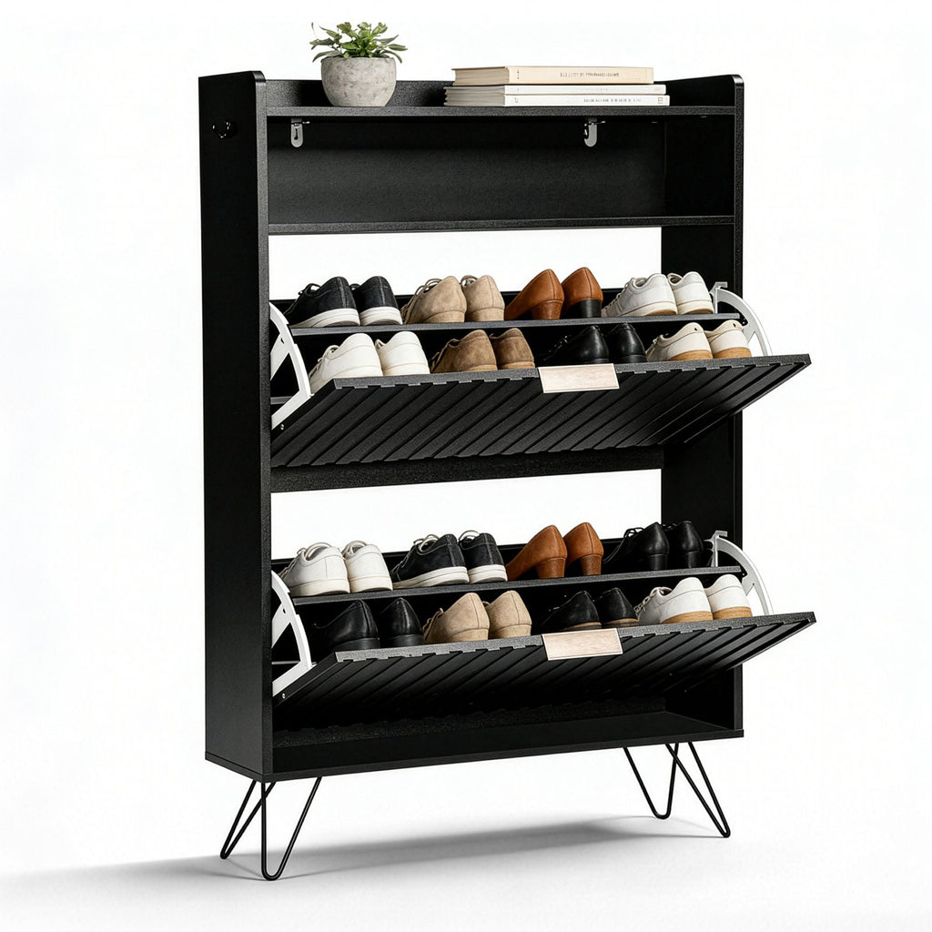 Shoe cabinet with slatted front panel and side panels, two compartments with top flip-up lids, two hooks, and high legs. Particleboard cabinet body, MDF vacuum-formed doors. 80*24*120cm, Black