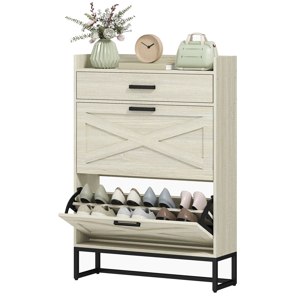 Shoe Organizer Cabinet Slim with 2 Flip Drawers for 12 Pairs Distressed White