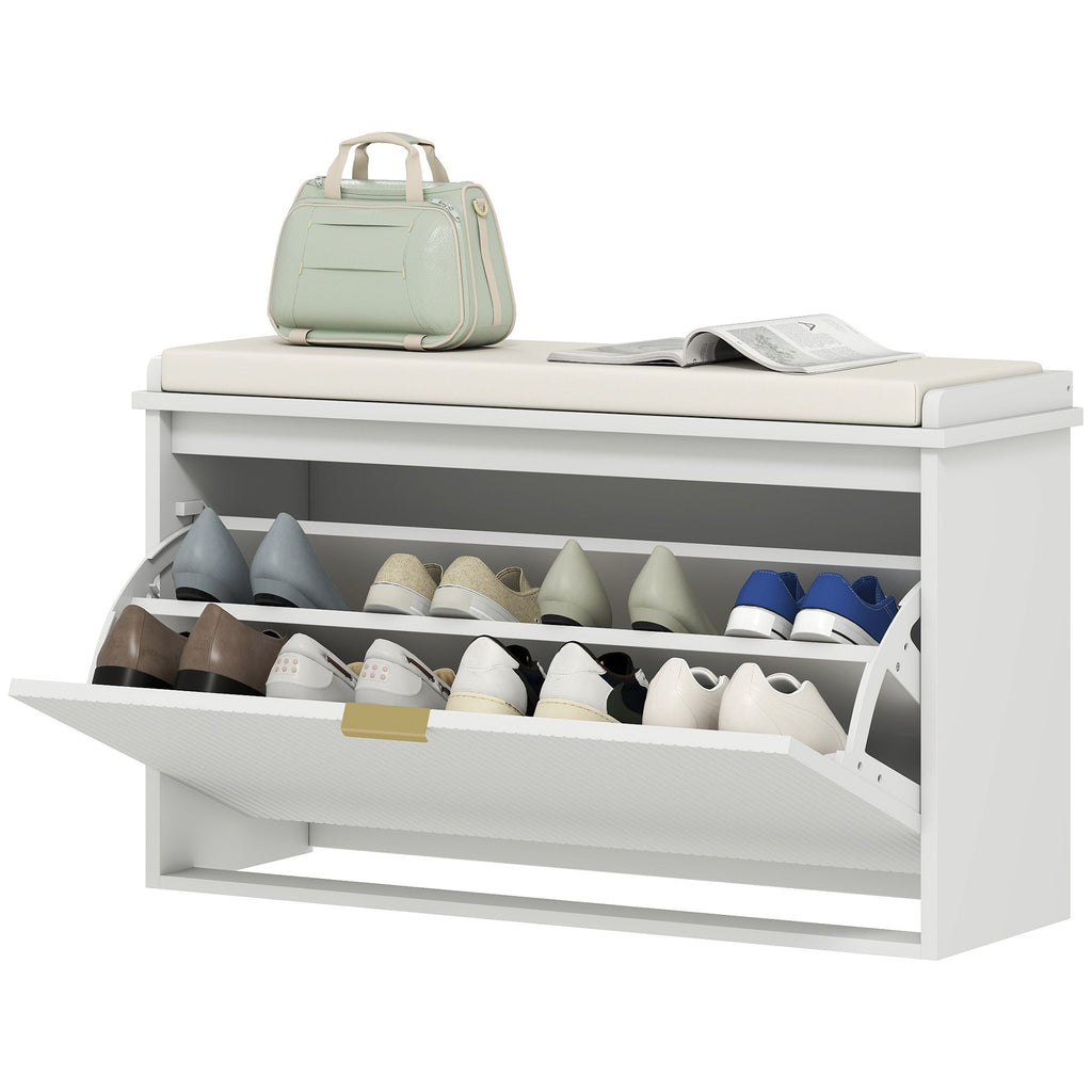 Shoe Storage Bench with Padded Seat Cushion and Flip-Drawer, Entryway Bench, Shoe Cabinet, 31.5x10.2x18.7 Inches, White