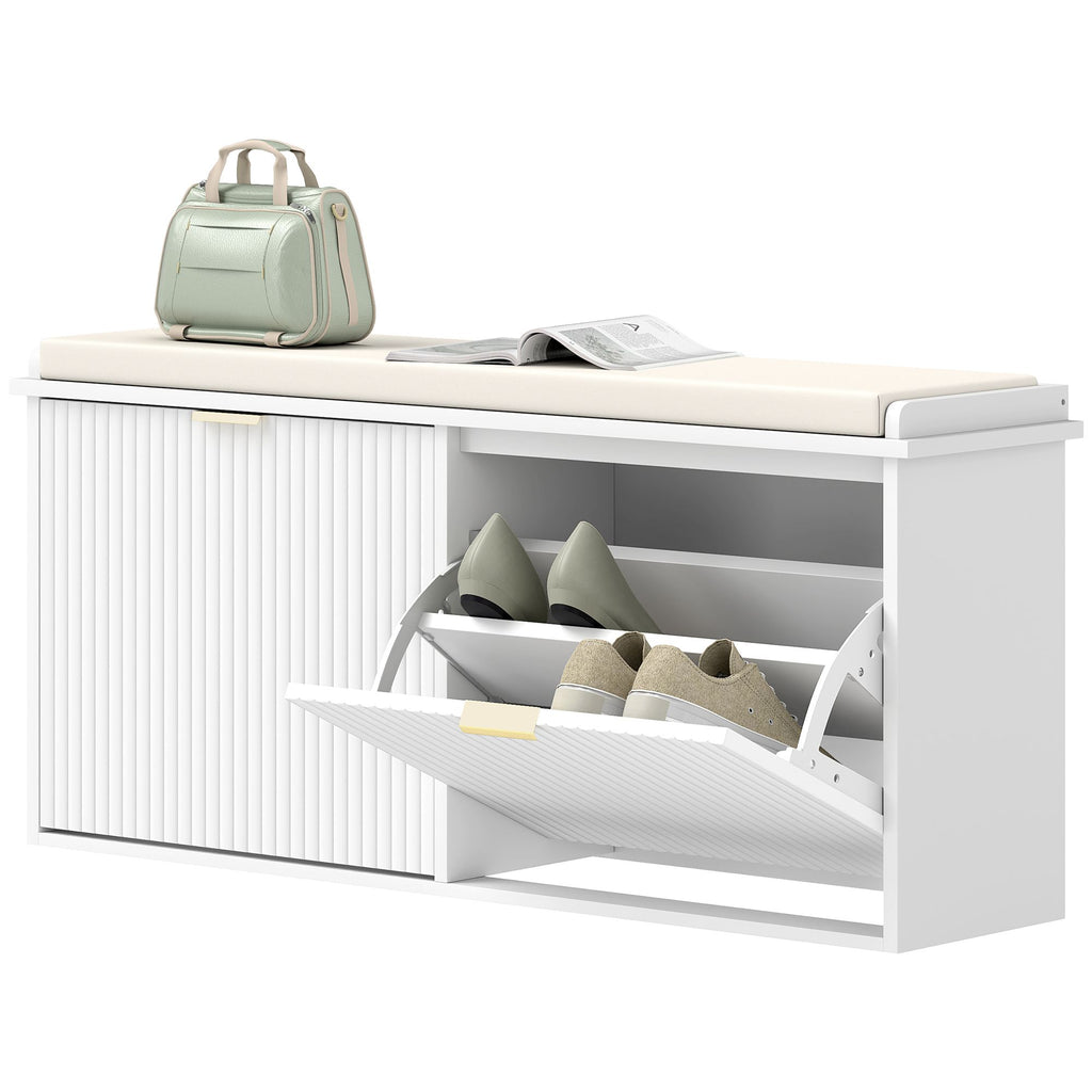 Shoe Storage Bench with Padded Seat Cushion and Flip-Drawer, Entryway Bench, Shoe Cabinet, 40.9x10.2x18.7 Inches, White