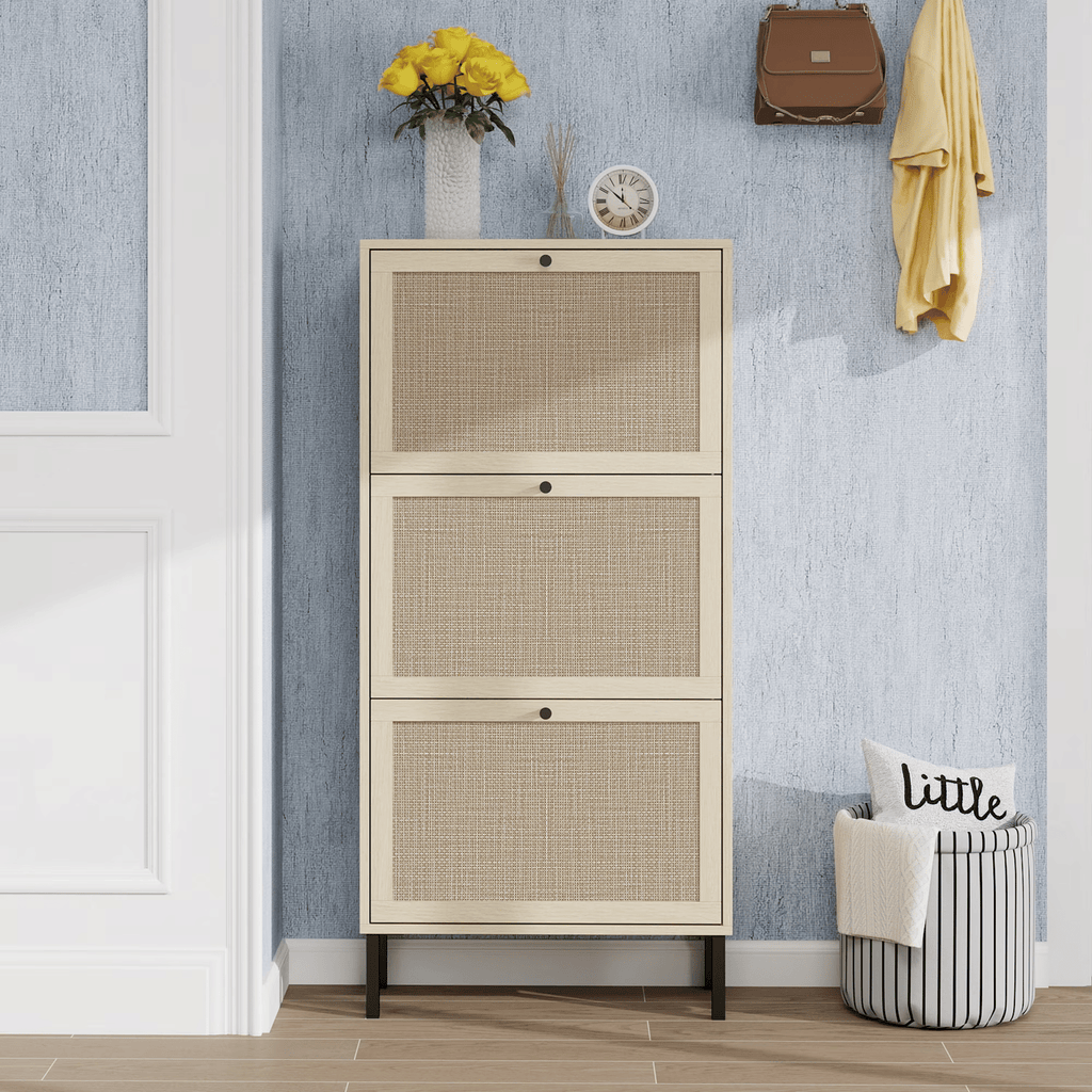 ShoeStorageCabinetforEntryway,Modern Shoe CabinetStoragewith 3 Flip Drawers,Slim Freestanding Wood Shoe RackforEntryway,Bedroom,Living Room,Natural02