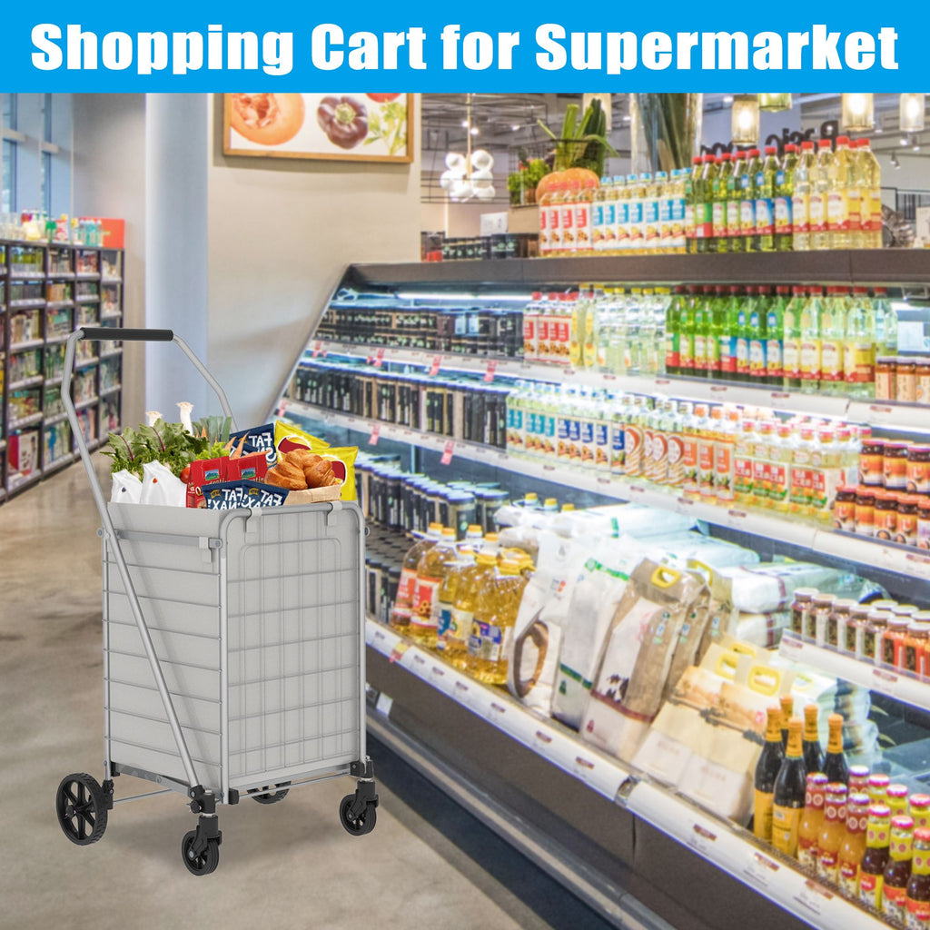 Shopping Cart with Shelf,Grocery Cart on Wheels, Foldable Utility Shopping Carts with Double Basket and 360° Rolling Swivel Wheels for Groceries Laundry,Grey