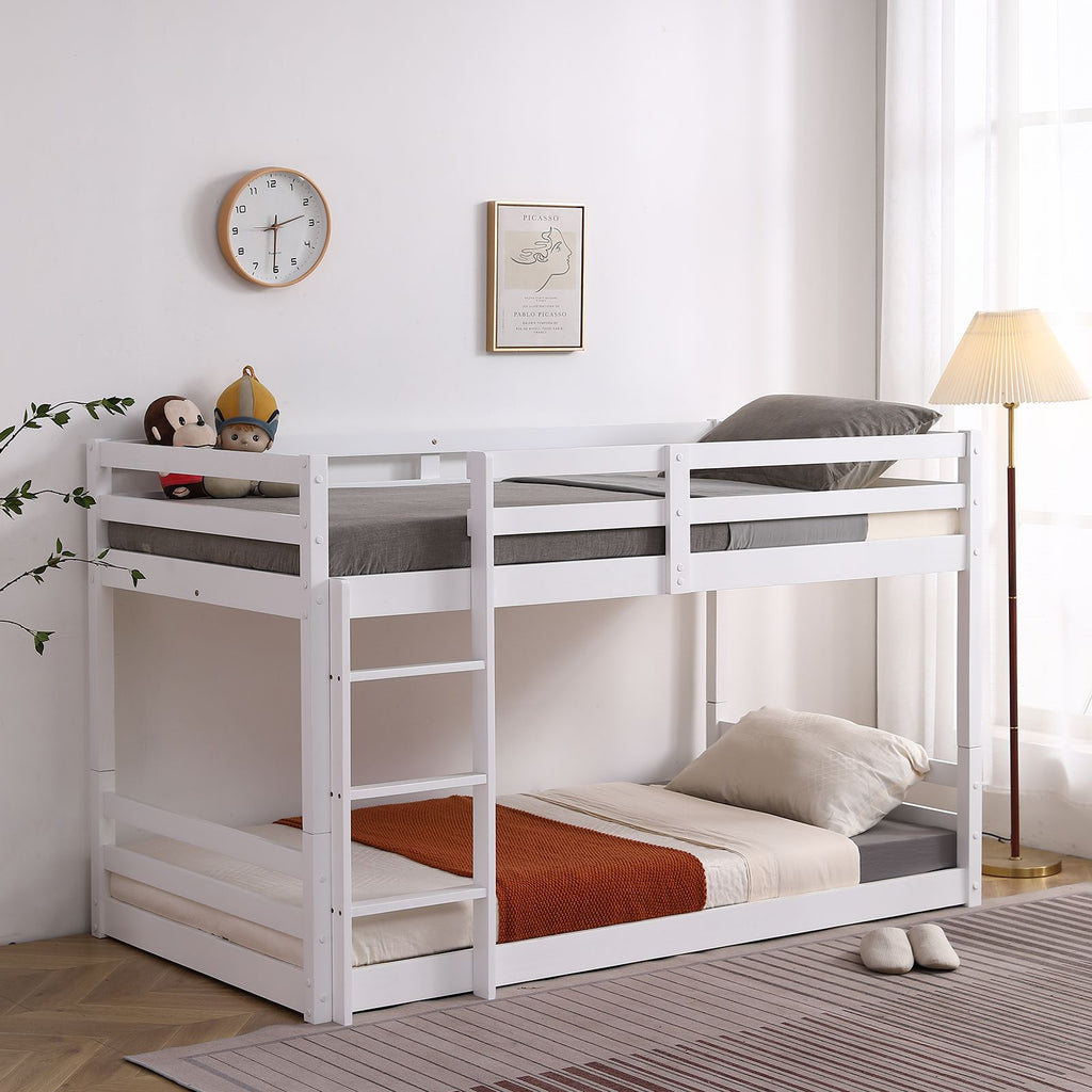 Short-Legged Double-Layer Head And Tail Cross Brace Guardrail Straight Ladder Twin Pine Can Be Split Into a Single-Layer Bed Wooden Bed White