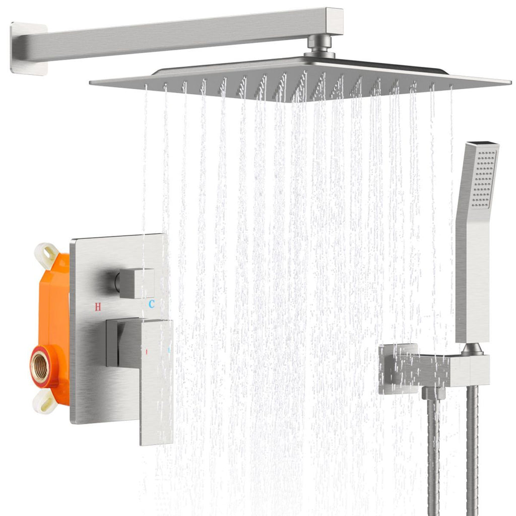 Shower System Faucet Combo Set Wall Mounted with 10" Rainfall Shower Head and handheld shower faucet, Brushed Nickel Finish with Brass Valve Rough-In[Unable ship weekends, TK/TEMU only for pickup]