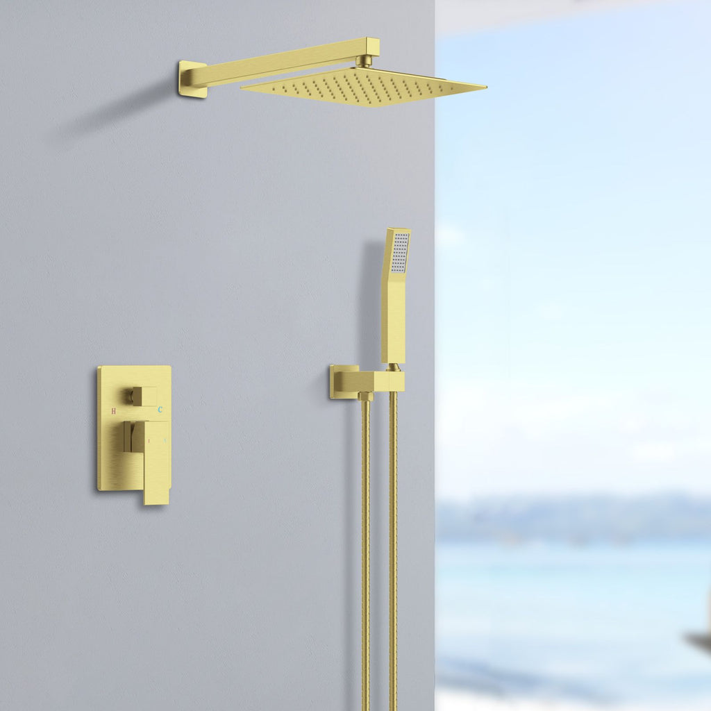 Shower System Shower Faucet Combo Set Wall Mounted with 12" Rainfall Shower Head and handheld shower faucet, Brushed Gold Finish with Brass Valve Rough-In