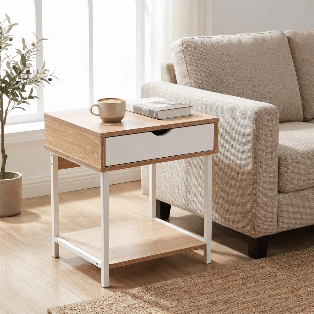 Side EndTable, Nightstand, BedsideTablewith Drawer andStorageShelves, SofaTablefor Living Room, Bedroom, Accent Furniture, Easy Assembly, Oak/White