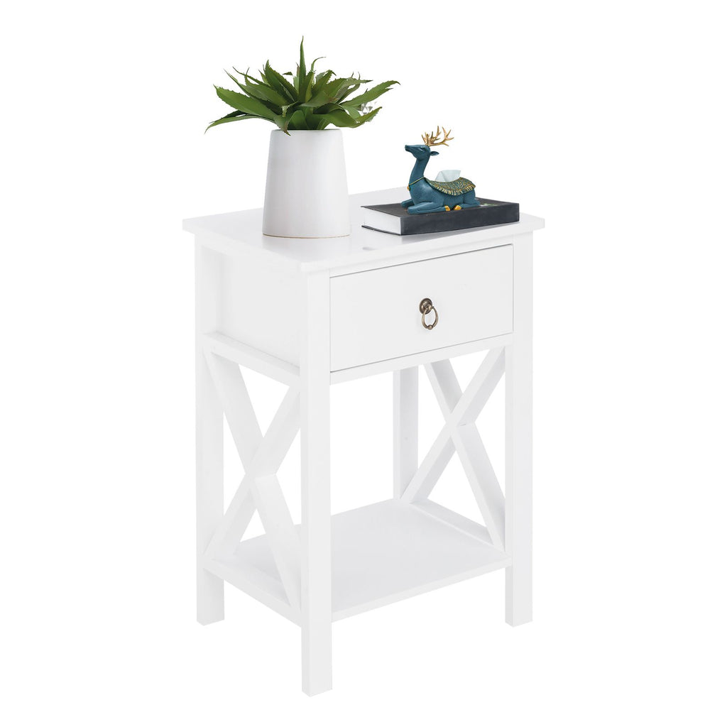 Side Intersection Style Bedside Table Coffee Table with Two-layer Drawer White