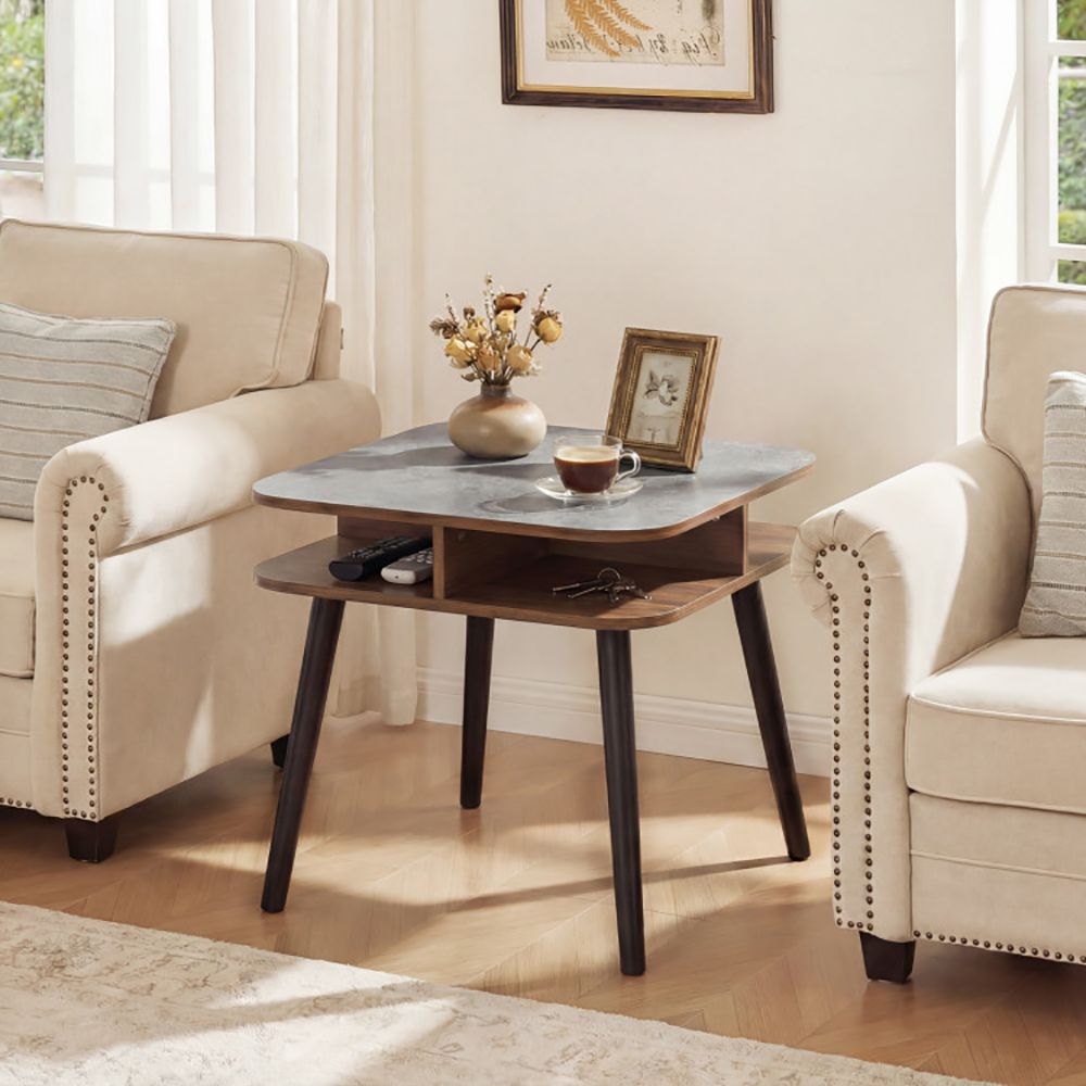 Side Table Faux Marble End Table with Storage Shelves and Rubber Wood Legs