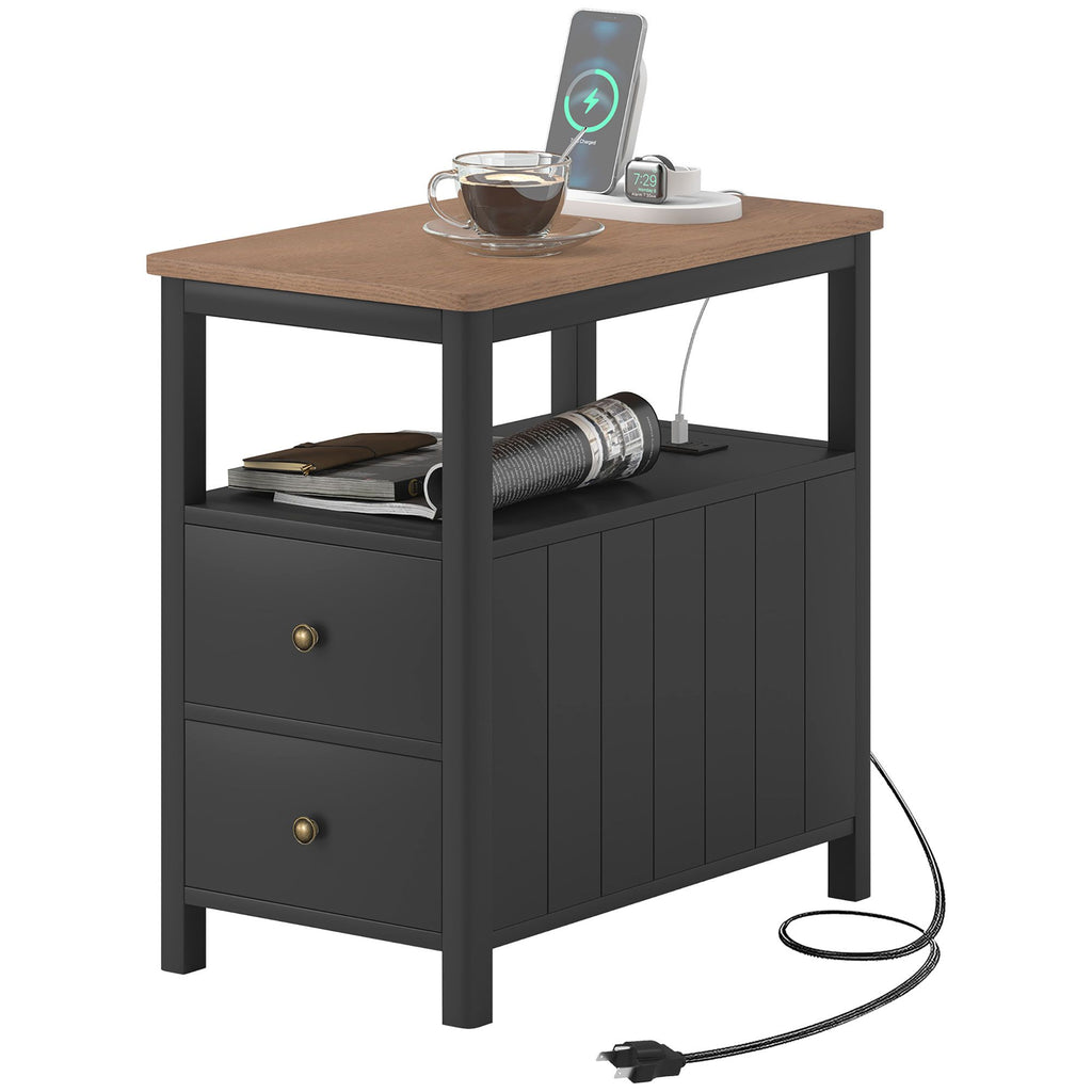Side Table with Charging Station and USB Ports, Narrow End Table with Drawers, Shelf for Living Room, Black