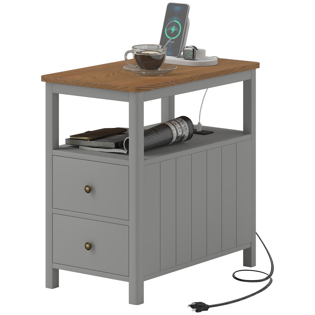 Side Table with Charging Station and USB Ports, Narrow End Table with Drawers, Shelf for Living Room, Gray