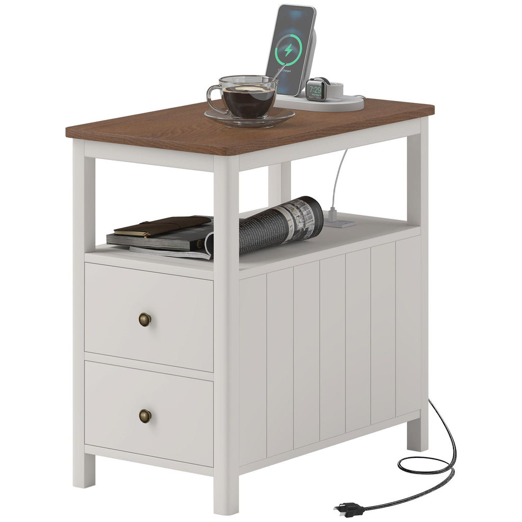 Side Table with Charging Station and USB Ports, Narrow End Table with Drawers, Shelf for Living Room, White