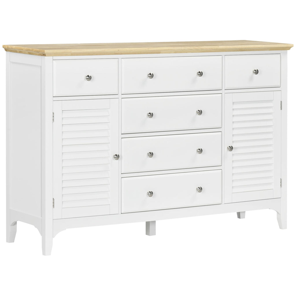 Sideboard Buffet Cabinet with Storage Drawers, Rubber Wood Top and Adjustable Shelves, Coffee Bar Cabinet, White