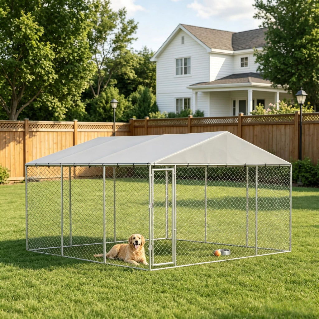 Silver 13' x 13' x 6.5' Outdoor Pet Kennel Waterproof Roof for Small & Medium Dogs